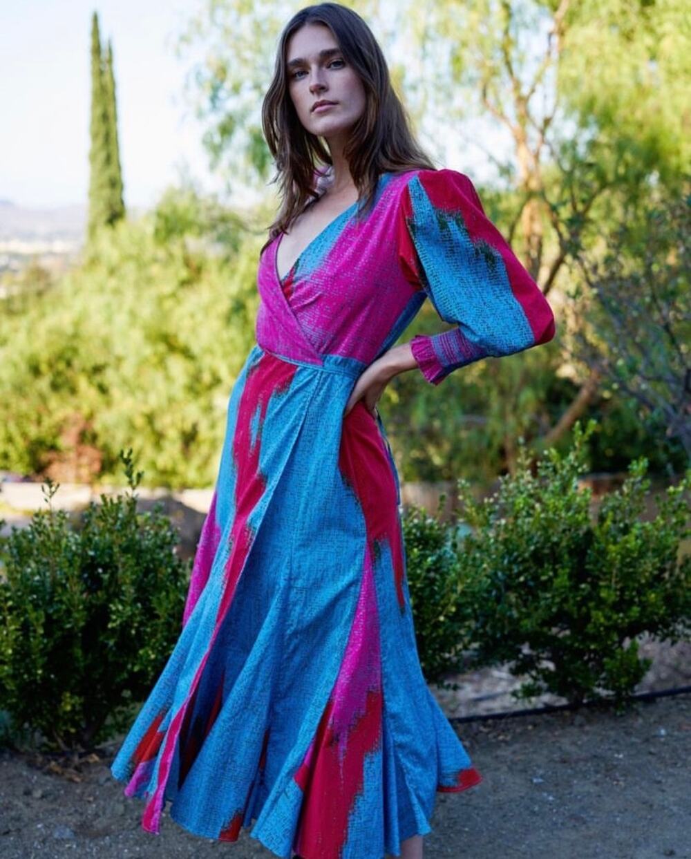 Rhode Fifi 100% Cotton Long Balloon Sleeve V-Neck Wrap Maxi Dress Ikat Medium